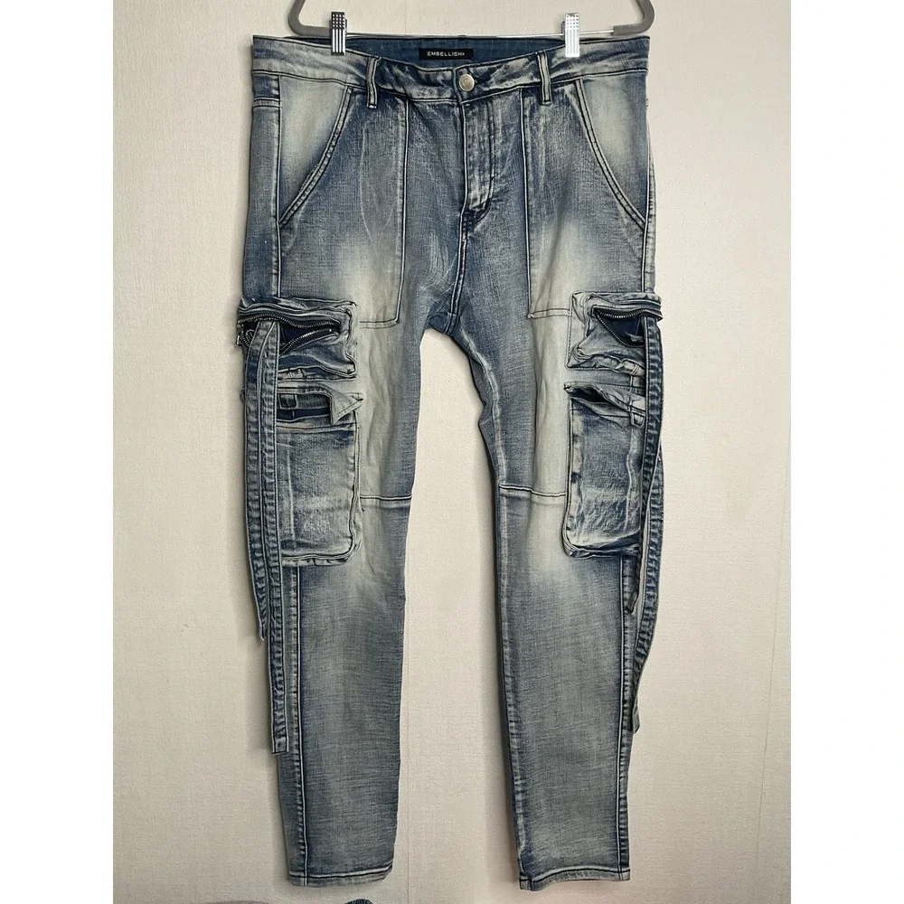 Embellish Biker Jeans Cargo Pockets Mens Size 38 Moto Hawk Cargo Stone‎ Wash